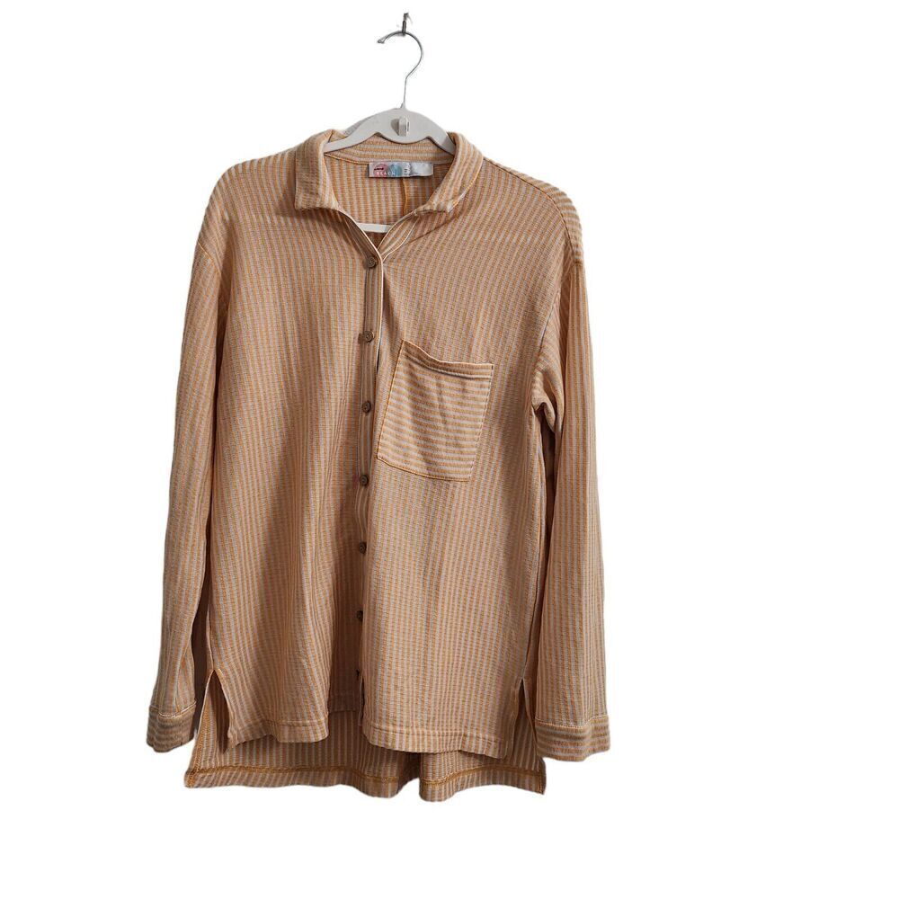 Free People Beach Better Days Top XS Orange Striped‎ Boho Button-Up Oversized